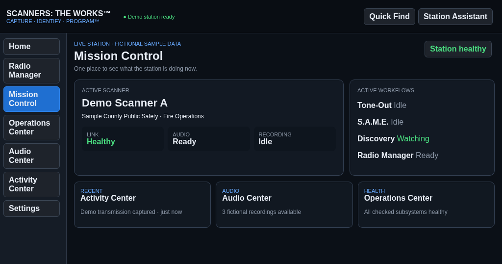 Privacy-safe Full Station Vision Mission Control website demo with fictional sample data